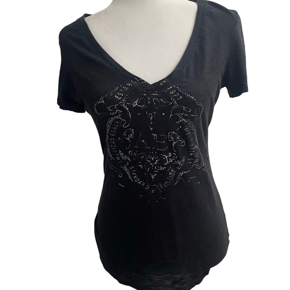 American Eagle Outfitters Y2K  Black Burnout Graphic V-Neck Tee – Size M